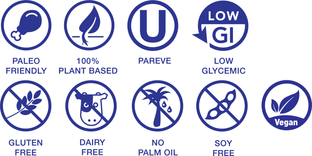 Paleo friendly, 100% plant based, Pareve, Low glycemic, Gluten free, Dairy free, No palm oil, Soy free